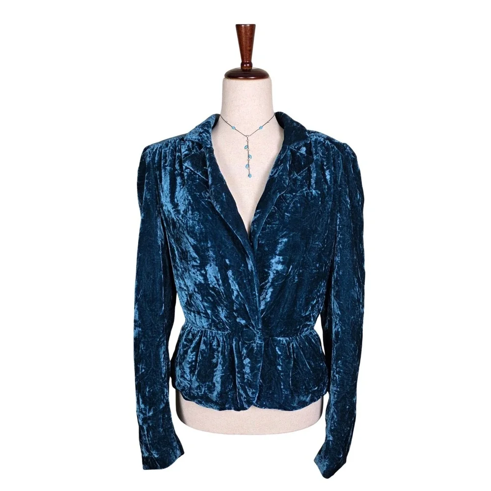 Vintage Crushed Velvet Jacket Blazer SZ S Regency Whimsigoth  Teal Blue Cinched